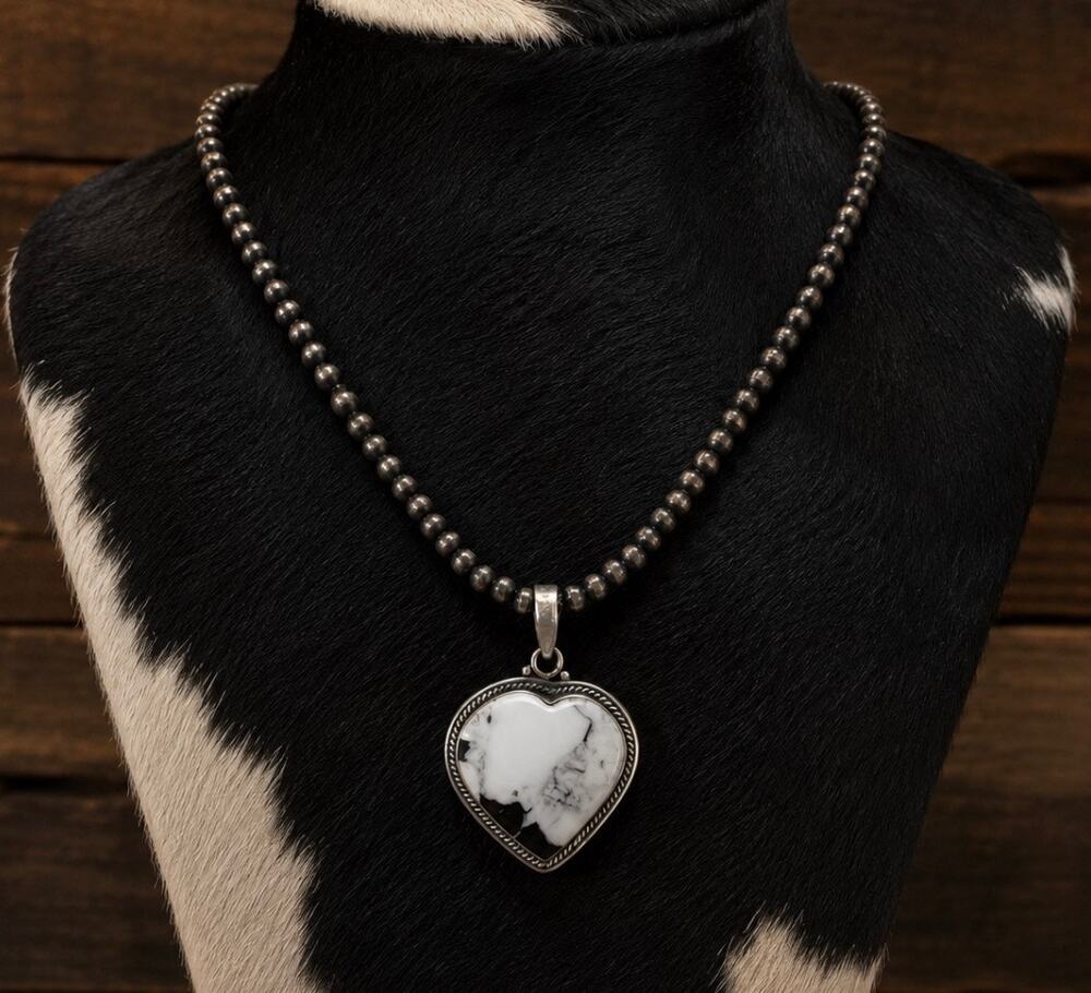 White Buffalo Heart Sterling Silver Necklace | 16" 4mm Pearl Bead Necklace